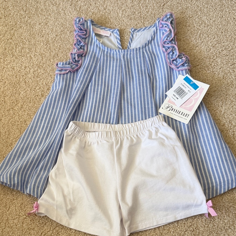 Bonnie Baby Blue & White Striped Ruffle Tank with Pink Trim and White Shorts
